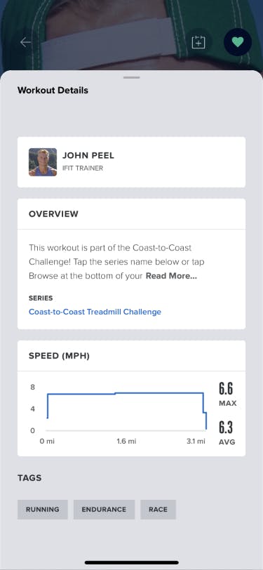 Mobile view of the pre-workout detail drawer of the iFIT app.