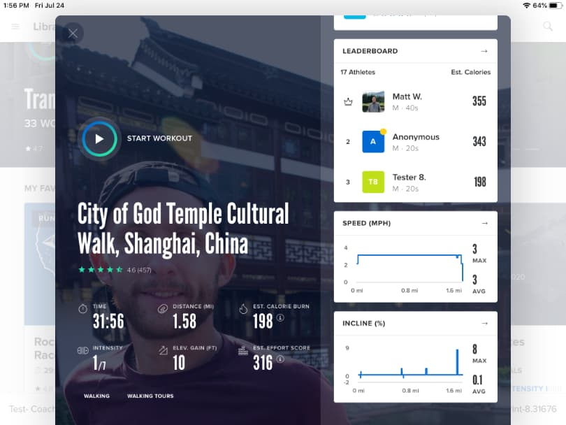 Pre-workout view of the iFIT app, showing the bottom of the sidebar